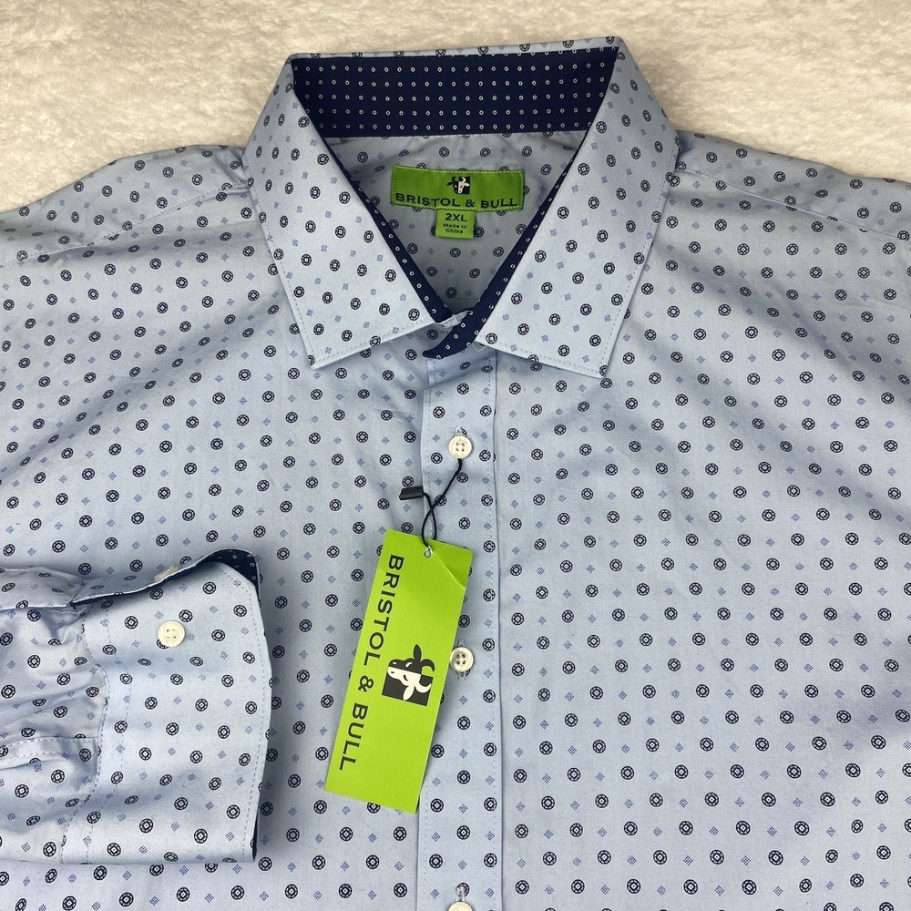 Bristol & Bull Dress Shirt Mens 2XL Blue Geometric‎ Dots Flip Cuffs NWT!